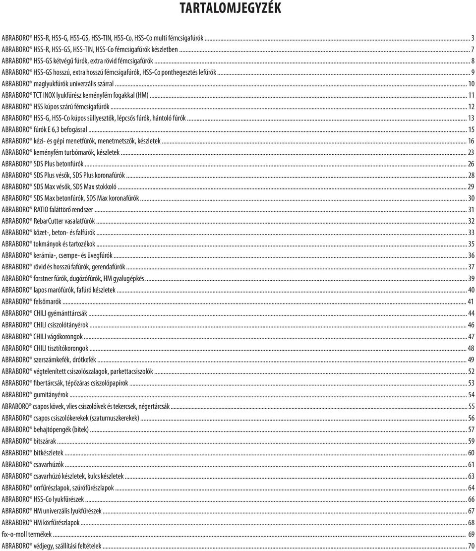 .. 10 ABRABORO TCT INOX lyukfűrész keményfém fogakkal (HM)... 11 ABRABORO HSS kúpos szárú fémcsigafúrók... 12 ABRABORO HSS-G, HSS-Co kúpos süllyesztők, lépcsős fúrók, hántoló fúrók.