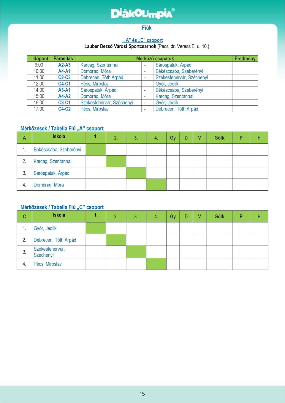 Széchenyi 12:00 C4-C1 Pécs, Miroslav - Győr, Jedlik 14:00 A3-A1 Sárospatak, Árpád - Békéscsaba, Szeberényi 15:00 A4-A2 Dombrád, Móra - Karcag, Szentannai 16:00 C3-C1 Székesfehérvár, Széchenyi - Győr,