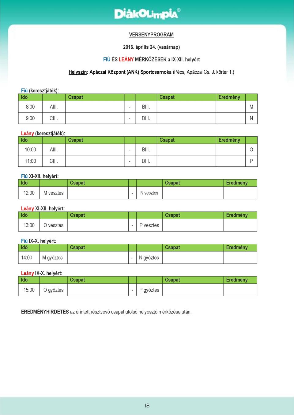 - DIII. N Leány (keresztjáték): 10:00 AIII. - BIII. O 11:00 CIII. - DIII. P Fiú XI-XII. helyért: 12:00 M vesztes - N vesztes Leány XI-XII.