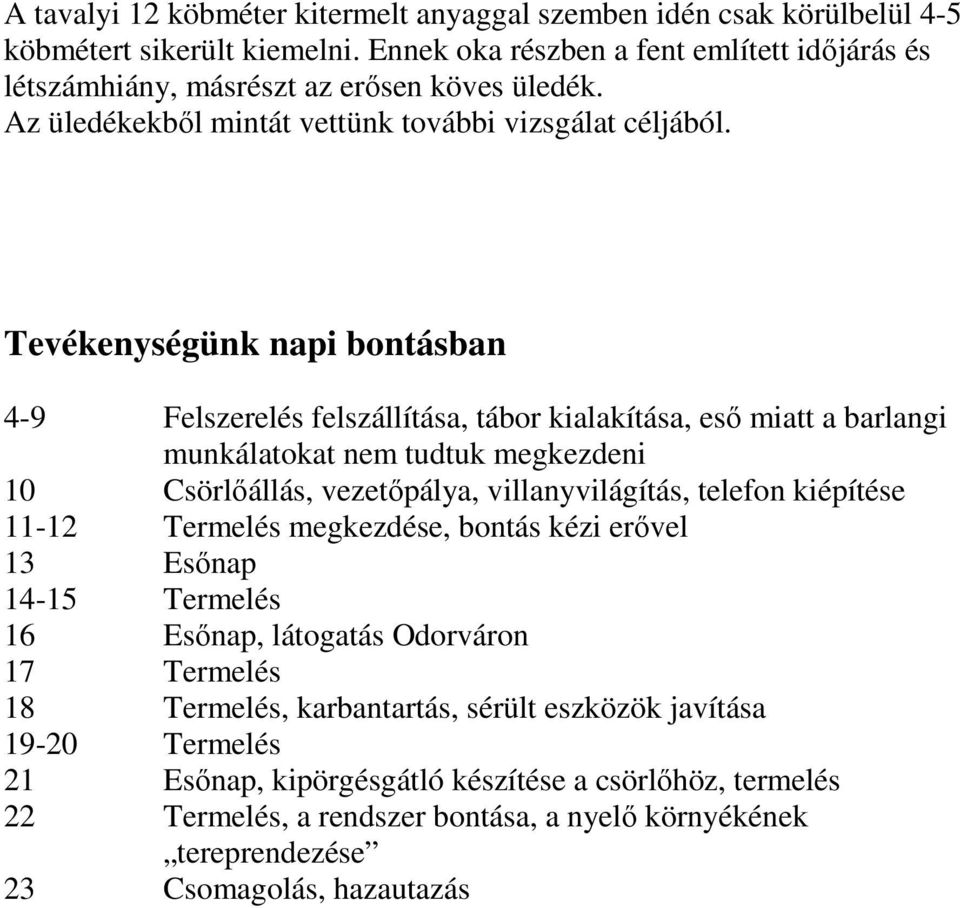 Tevékenységünk napi bontásban 4-9 Felszerelés felszállítása, tábor kialakítása, eső miatt a barlangi munkálatokat nem tudtuk megkezdeni 10 Csörlőállás, vezetőpálya, villanyvilágítás, telefon