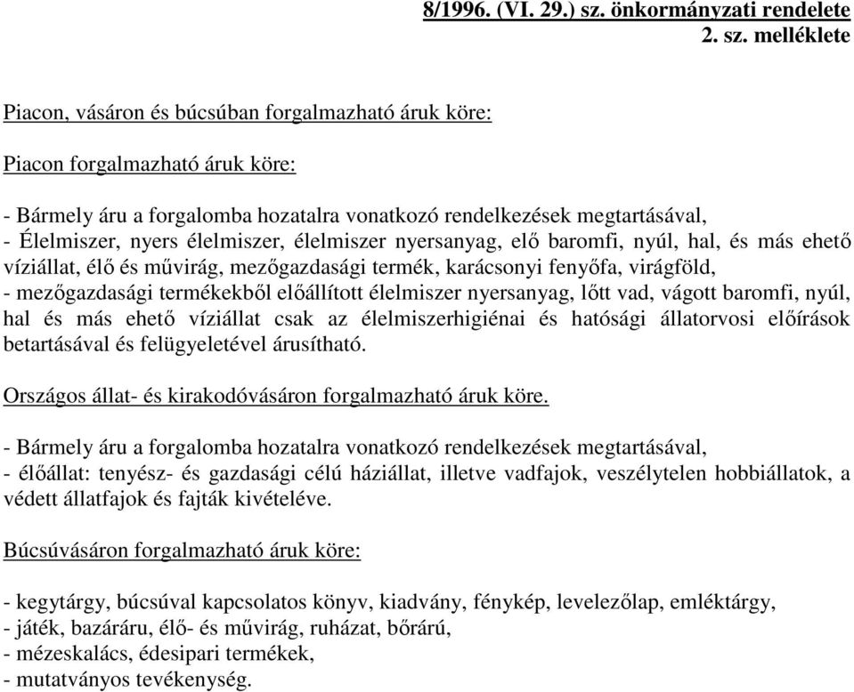 melléklete Piacon, vásáron és búcsúban forgalmazható áruk köre: Piacon forgalmazható áruk köre: - Bármely áru a forgalomba hozatalra vonatkozó rendelkezések megtartásával, - Élelmiszer, nyers