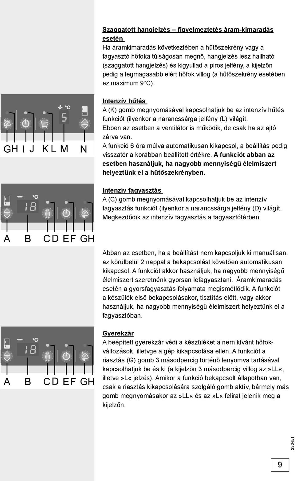 Intenzív hűtés A (K) gomb megnyomásával kapcsolhatjuk be az intenzív hűtés funkciót (ilyenkor a narancssárga jelfény (L) világít.