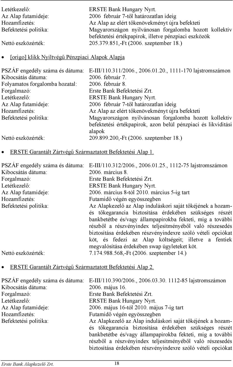 befektetési értékpapírok, illetve pénzpiaci eszközök Nettó eszközérték: 205.379.851,-Ft (2006. szeptember 18.