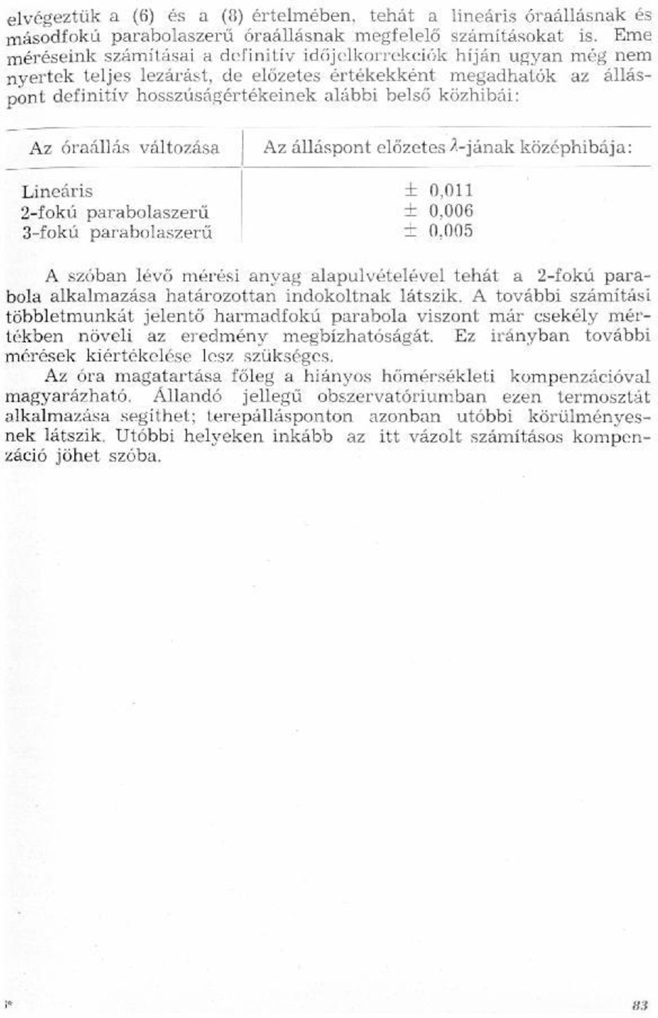 középhibája: Lineáris i 0,011 parabolaszerű 2-fokú Í 0,005 3-fokú parabolaszerű Í 0,005 V A szóban lévő mérési anyag alapulvételével tehát a 2-fokú parabola alkalmazása határozottan indokoltnak