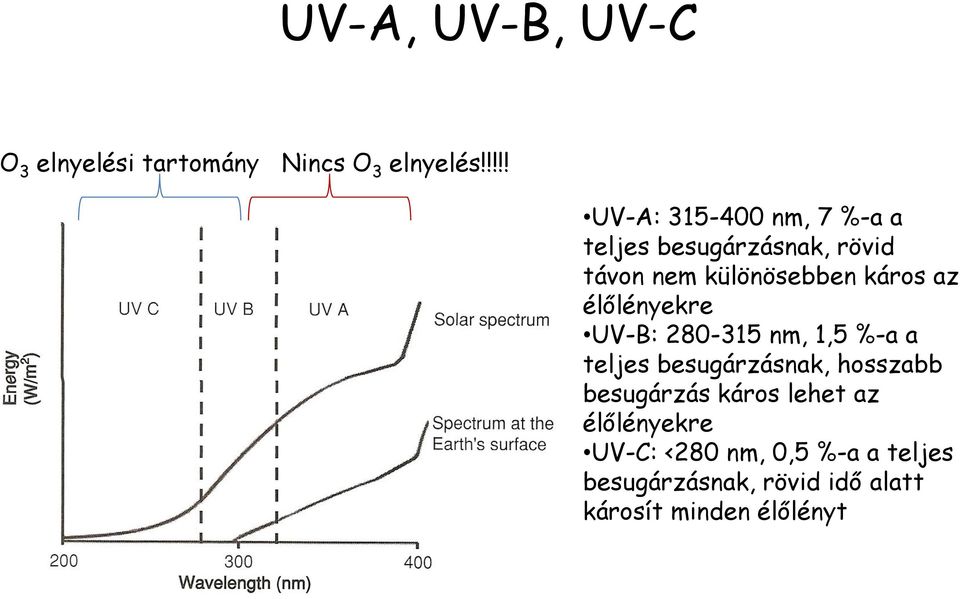 káros az élőlényekre UV-B: 280-315 nm, 1,5 %-a a teljes besugárzásnak, hosszabb