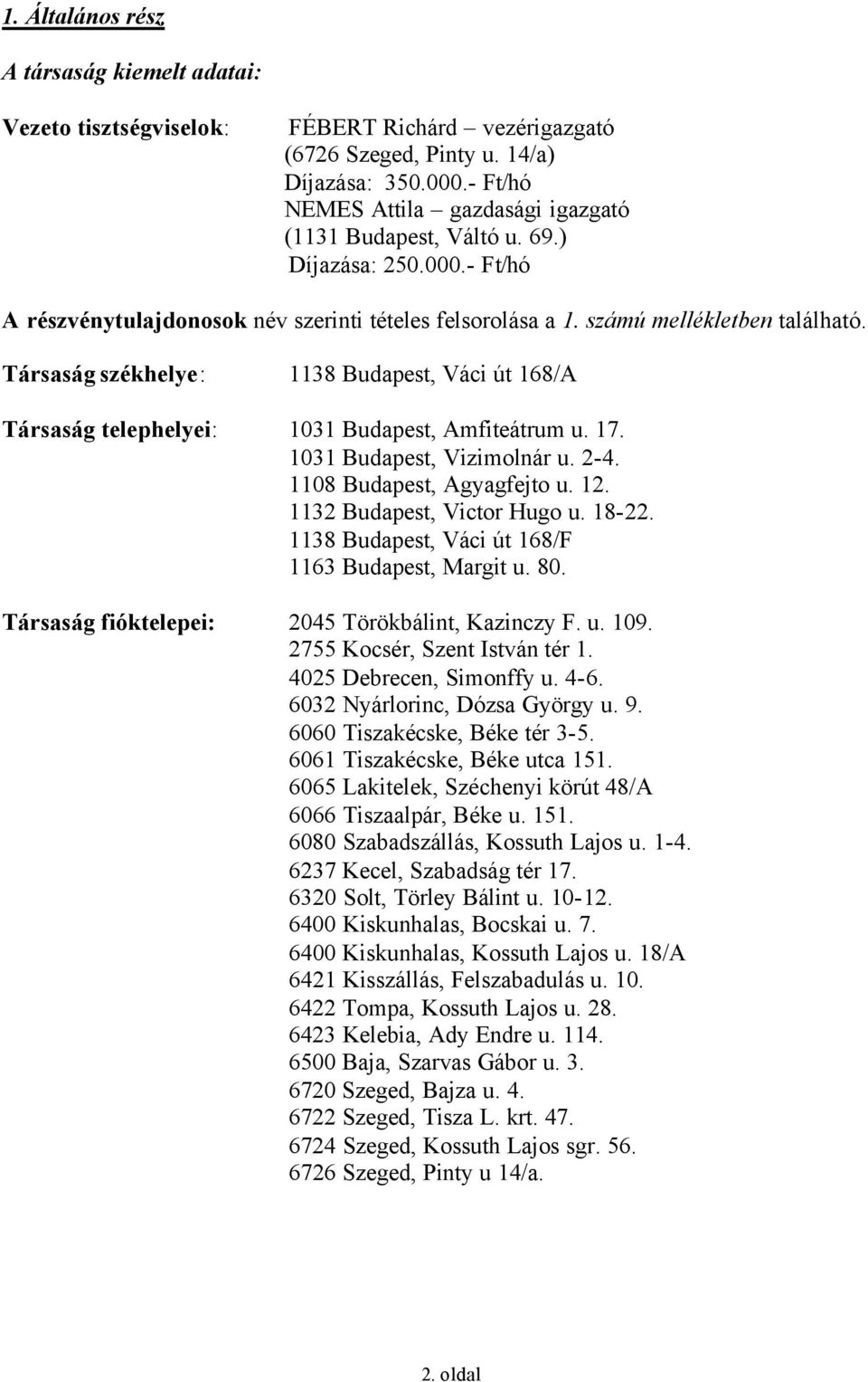 Társaság székhelye: 1138 Budapest, Váci út 168/A Társaság telephelyei: 1031 Budapest, Amfiteátrum u. 17. 1031 Budapest, Vizimolnár u. 2-4. 1108 Budapest, Agyagfejto u. 12.