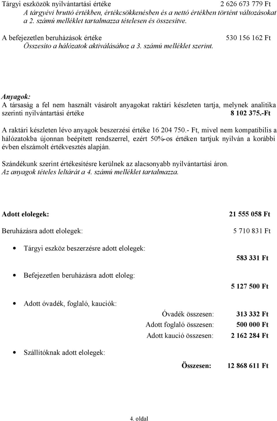 530 156 162 Ft Anyagok: A társaság a fel nem használt vásárolt anyagokat raktári készleten tartja, melynek analitika szerinti nyilvántartási értéke 8 102 375.