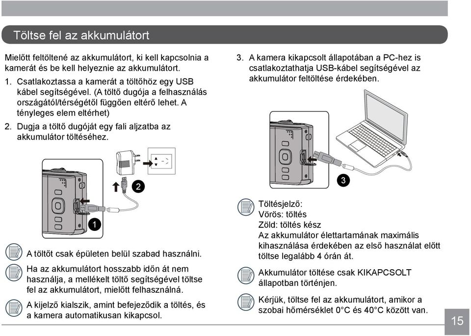 A kamera kikapcsolt állapotában a PC-hez is csatlakoztathatja USB-kábel segítségével az akkumulátor feltöltése érdekében. 1 A töltőt csak épületen belül szabad használni.