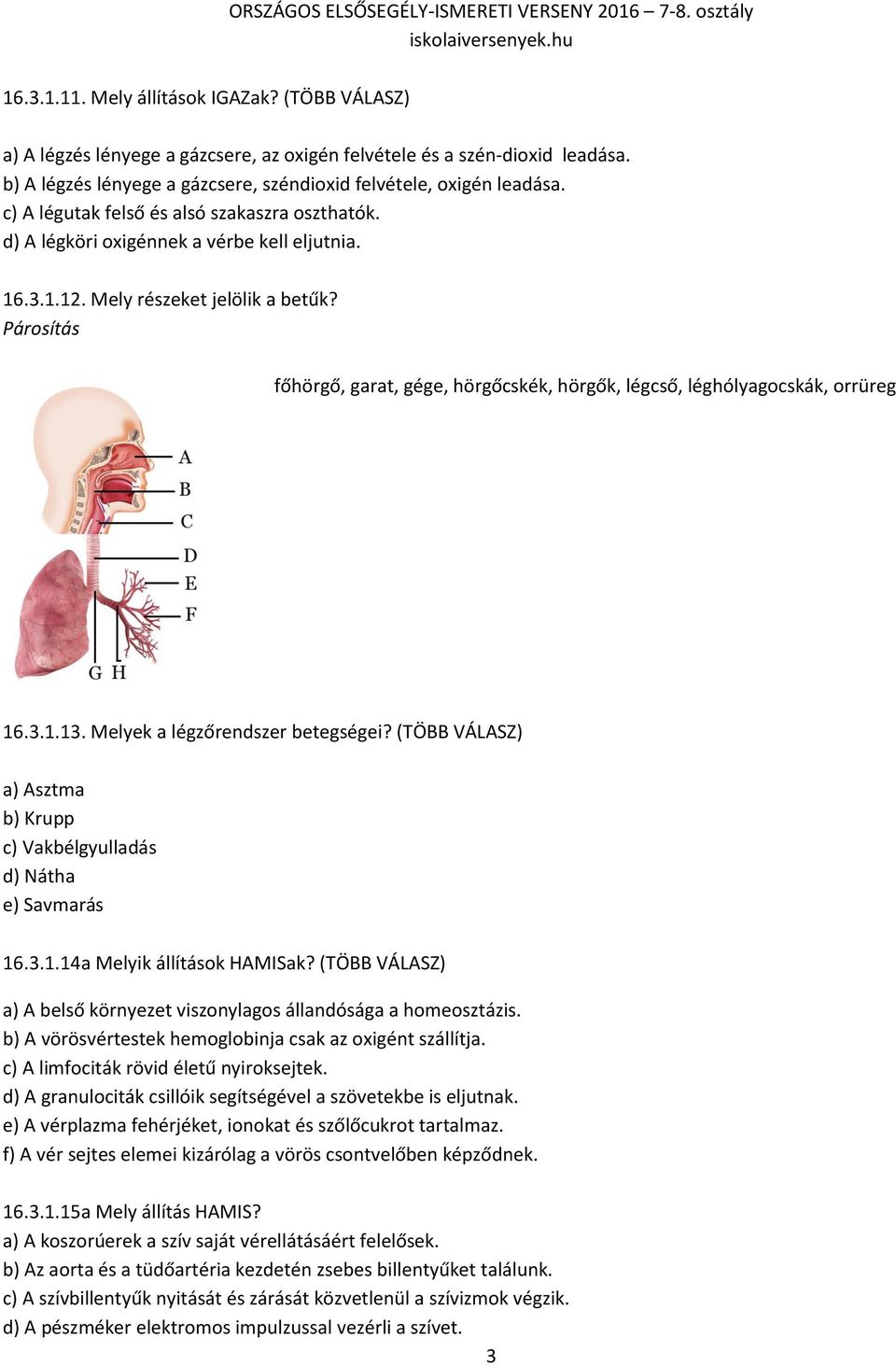 Párosítás főhörgő, garat, gége, hörgőcskék, hörgők, légcső, léghólyagocskák, orrüreg 16.3.1.13. Melyek a légzőrendszer betegségei?