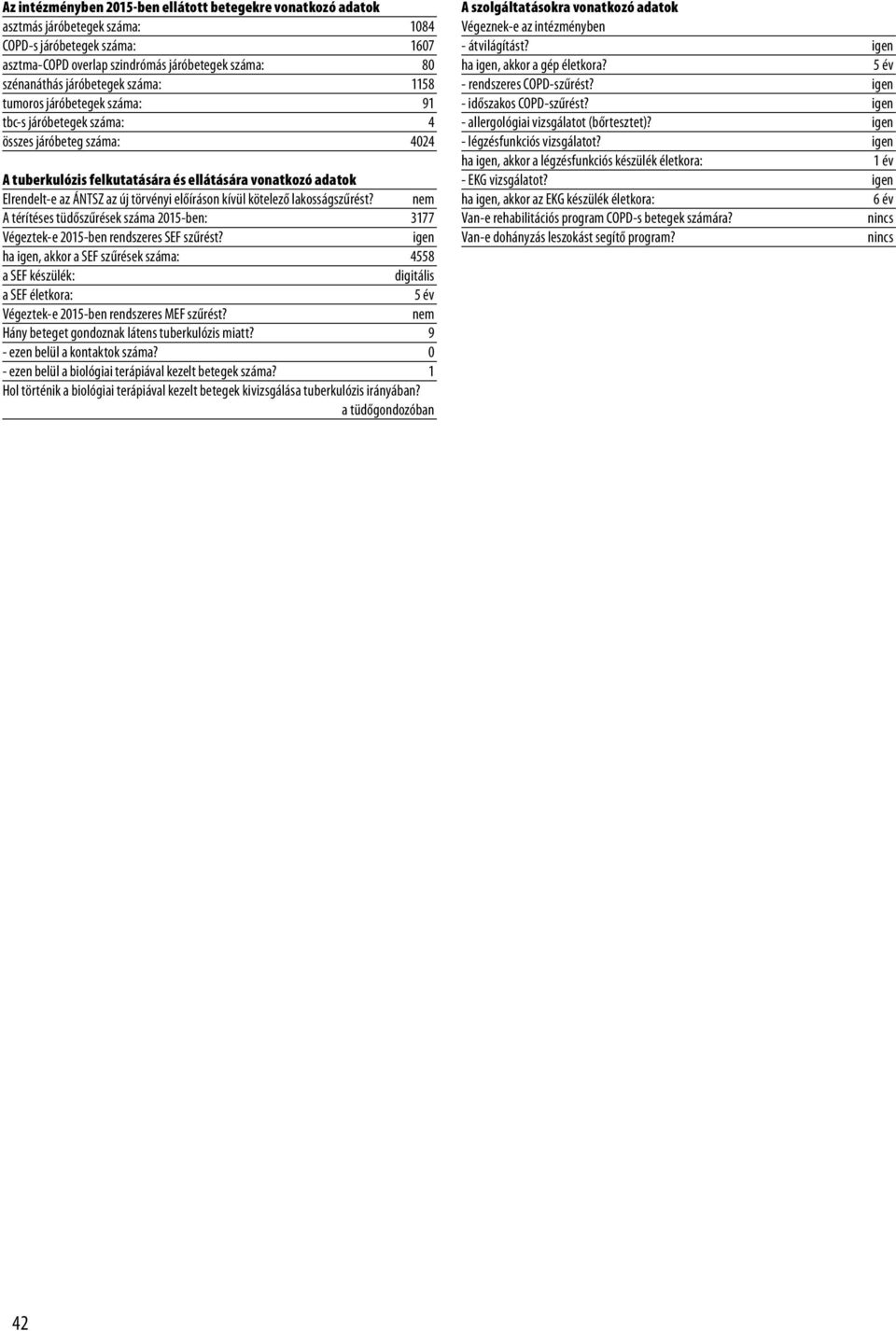 törvényi előíráson kívül kötelező lakosságszűrést? A térítéses tüdőszűrések száma 2015-ben: 3177 Végeztek-e 2015-ben rendszeres SEF szűrést?
