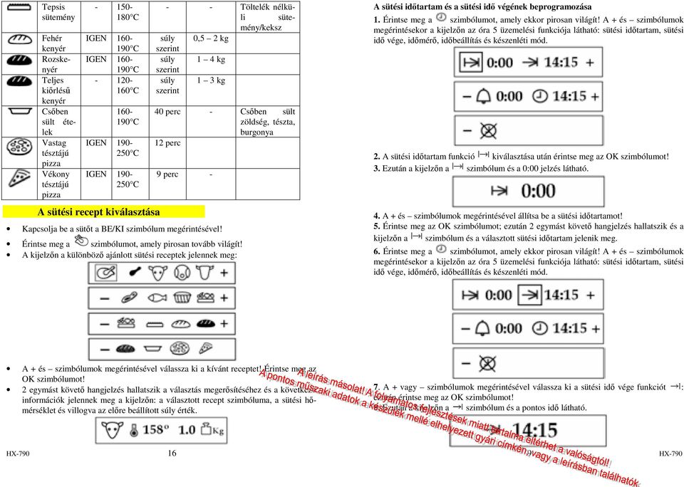 12 perc 9 perc - Kapcsolja be a sütıt a BE/KI szimbólum megérintésével! Érintse meg a szimbólumot, amely pirosan tovább világít!