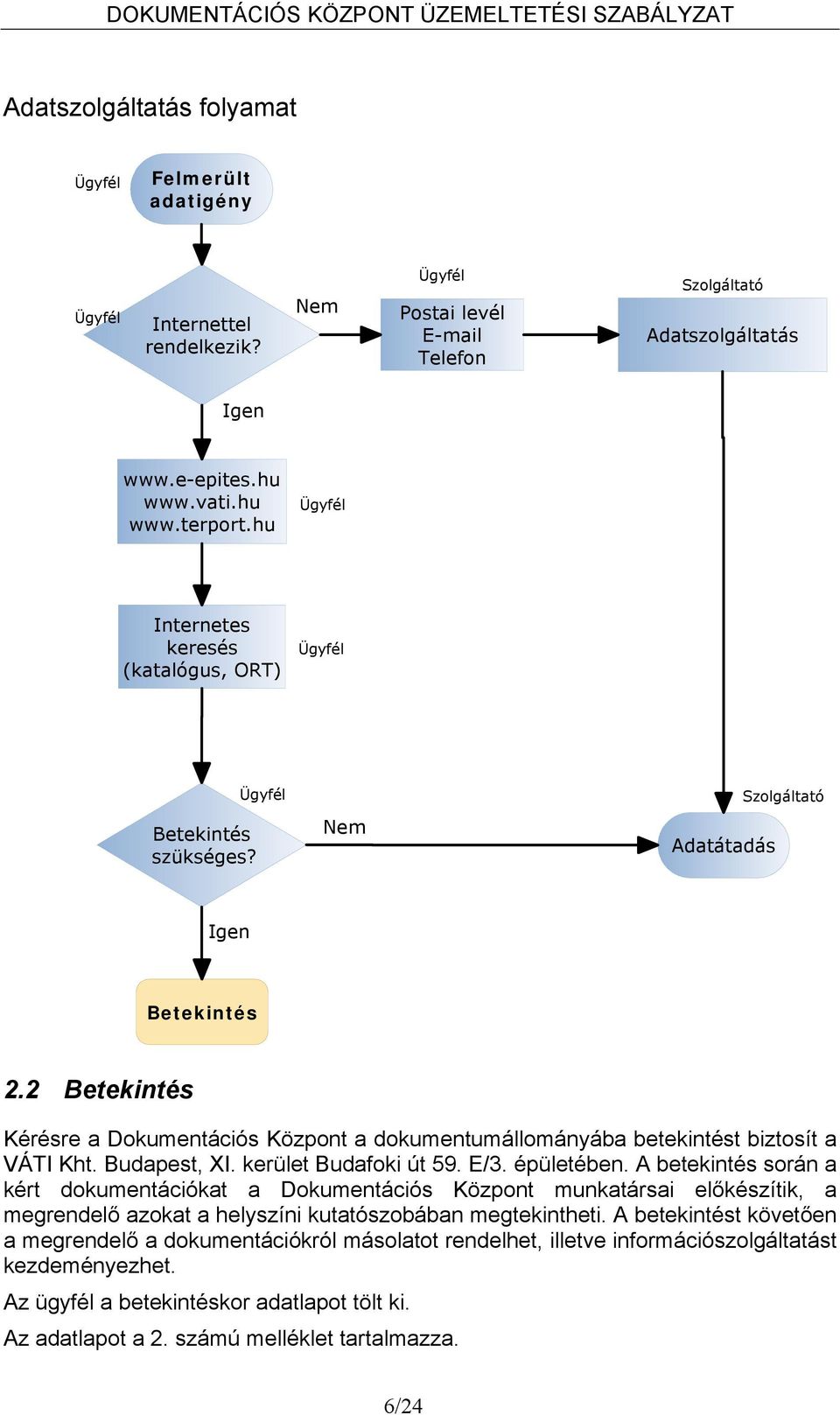 2 Betekintés Kérésre a Dokumentációs Központ a dokumentumállományába betekintést biztosít a VÁTI Kht. Budapest, XI. kerület Budafoki út 59. E/3. épületében.