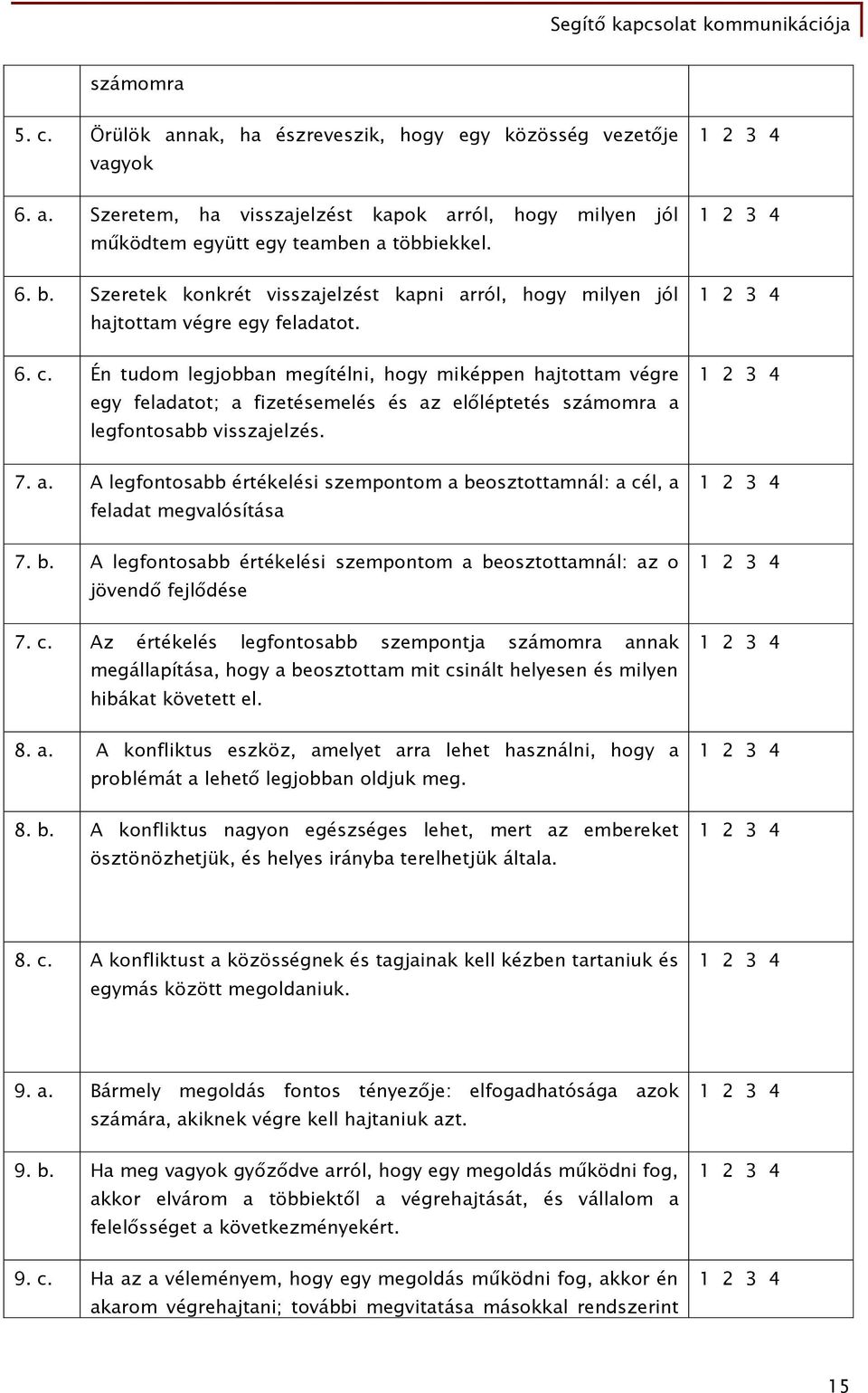 Én tudom legjobban megítélni, hogy miképpen hajtottam végre egy feladatot; a fizetésemelés és az előléptetés számomra a legfontosabb visszajelzés. 7. a. A legfontosabb értékelési szempontom a beosztottamnál: a cél, a feladat megvalósítása 7.