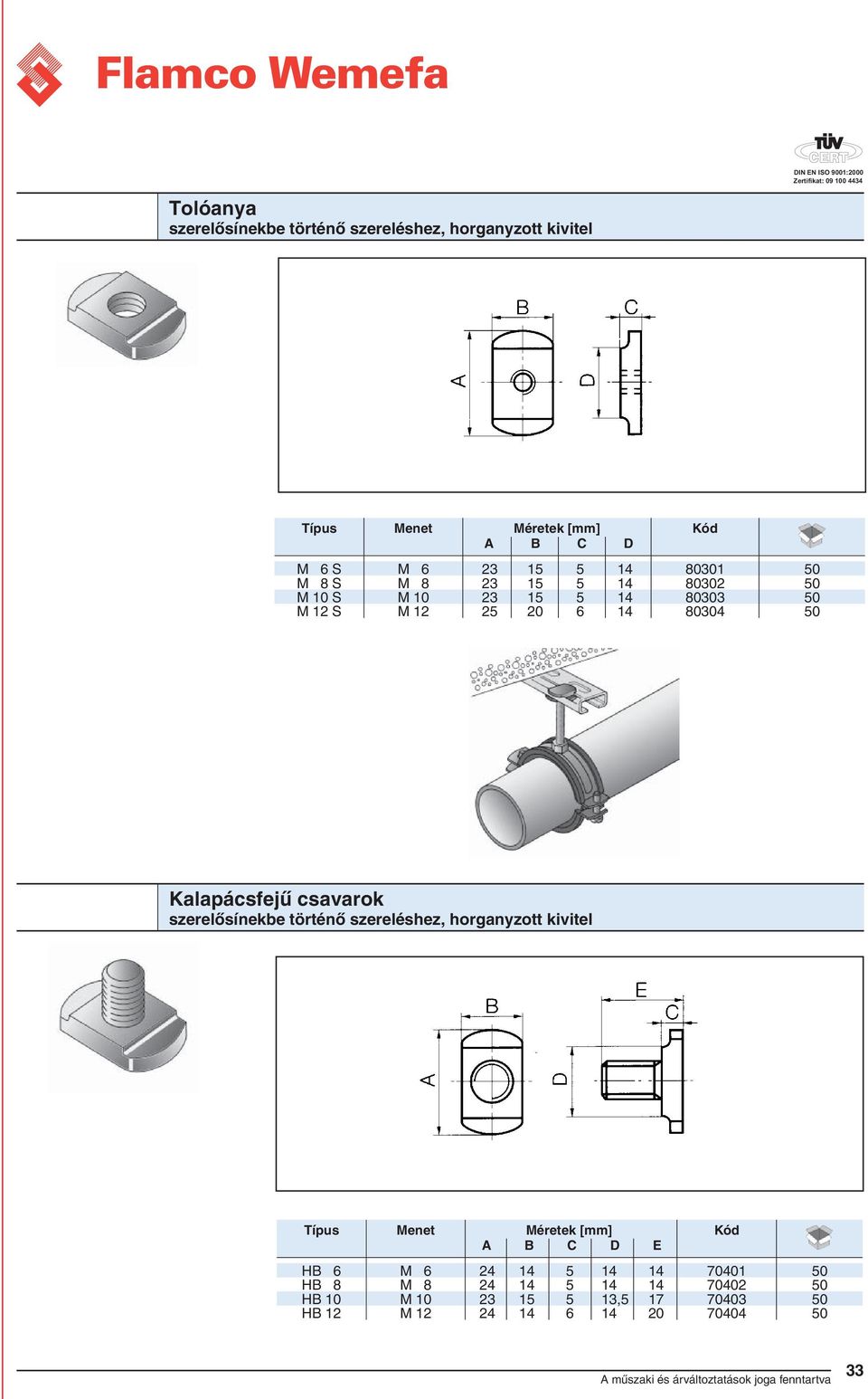 szerelősínekbe történő szereléshez, Menet D E H 6 M 6 24 14 5 14 14 70401 50 H 8 M 8 24 14 5 14 14 70402