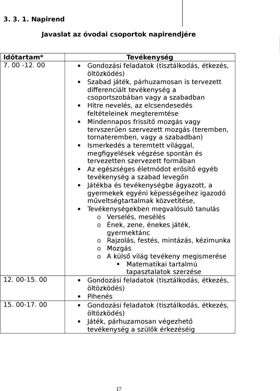 feltételeinek megteremtése Mindennapos frissítő mozgás vagy tervszerűen szervezett mozgás (teremben, tornateremben, vagy a szabadban) Ismerkedés a teremtett világgal, megfigyelések végzése spontán és