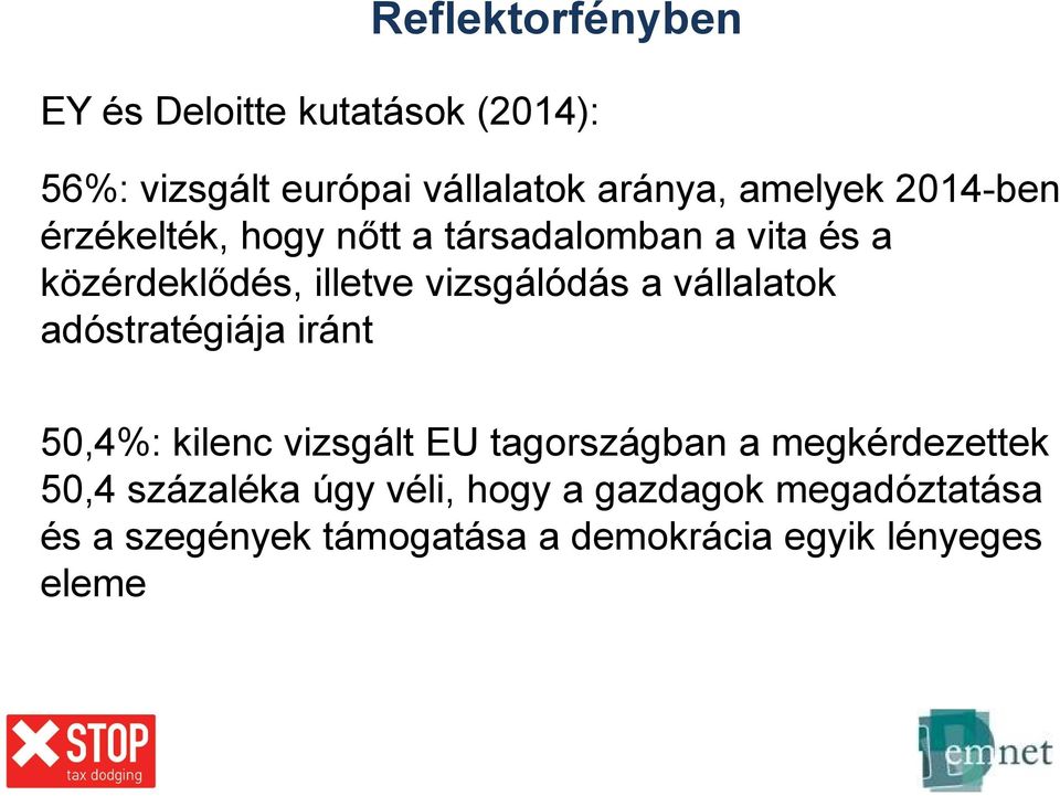 vállalatok adóstratégiája iránt 50,4%: kilenc vizsgált EU tagországban a megkérdezettek 50,4