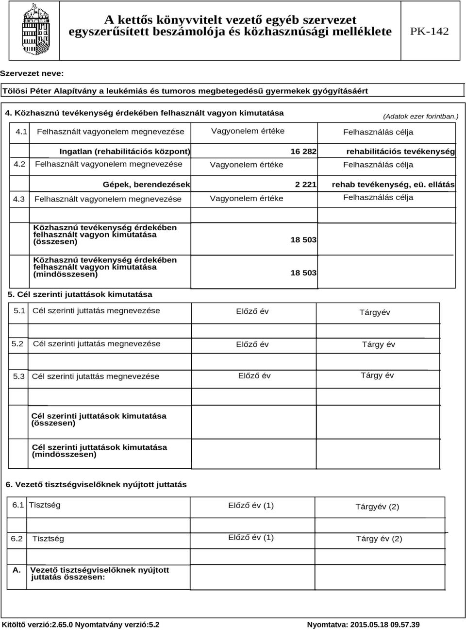 2 Felhasznált vagyonelem megnevezése Vagyonelem értéke Felhasználás célja Gépek, berendezések 2 221 rehab tevékenység, eü. ellátás 4.