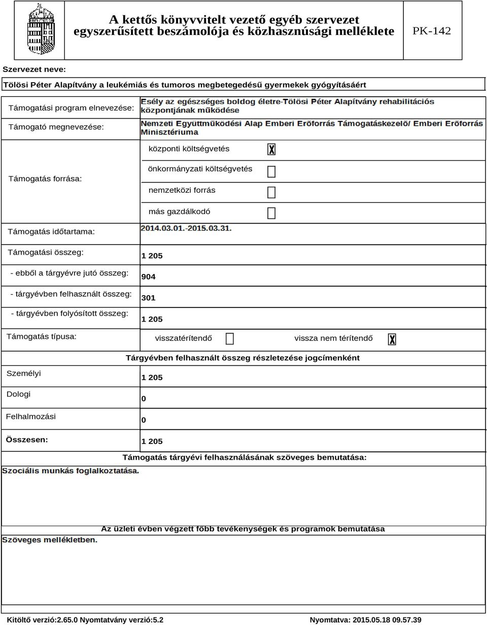 Támogatás típusa: 1 205 904 301 1 205 visszatérítendő vissza nem térítendő Tárgyévben felhasznált összeg részletezése jogcímenként Személyi Dologi