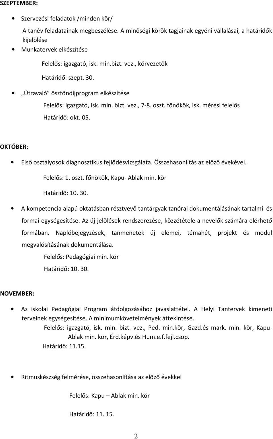 OKTÓBER: Első osztályosok diagnosztikus fejlődésvizsgálata. Összehasonlítás az előző évekével. Felelős: 1. oszt. főnökök, Kapu- Ablak min. kör Határidő: 10. 30.