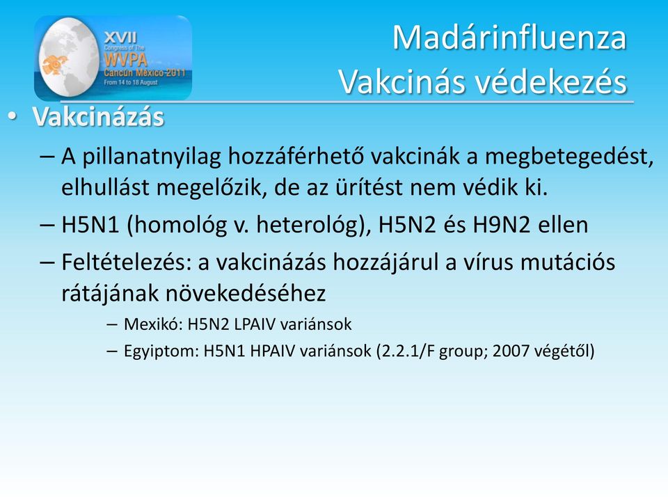 heterológ), H5N2 és H9N2 ellen Feltételezés: a vakcinázás hozzájárul a vírus mutációs