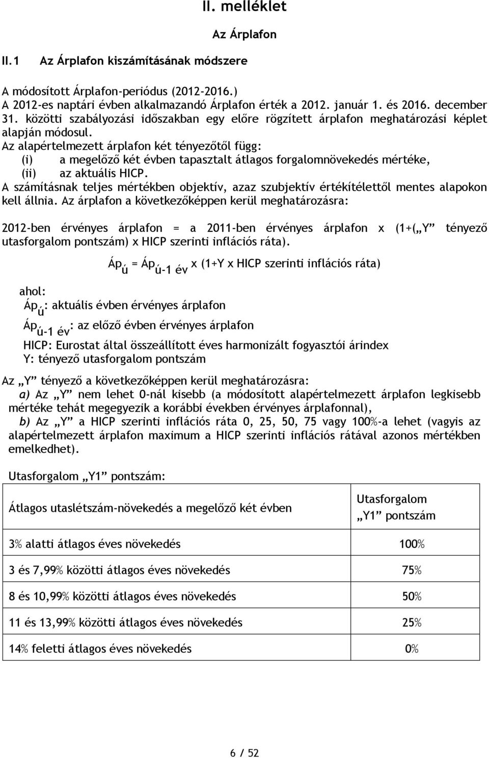 Az alapértelmezett árplafon két tényezőtől függ: (i) a megelőző két évben tapasztalt átlagos forgalomnövekedés mértéke, (ii) az aktuális HICP.