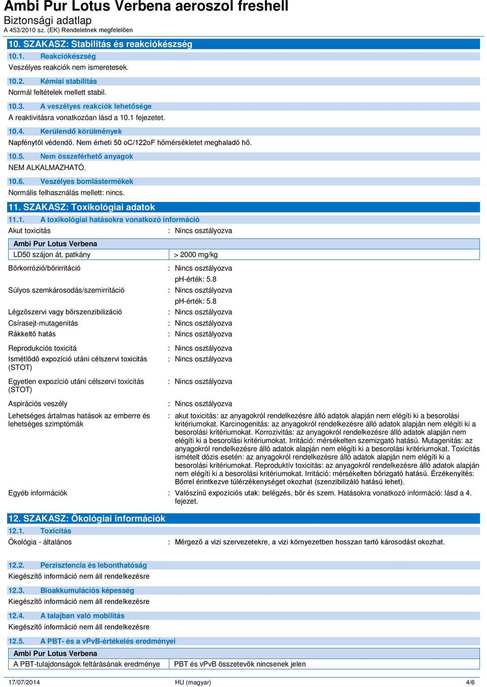 10.6. Veszélyes bomlástermékek Normális felhasználás mellett: nincs. 11. SZAKASZ: Toxikológiai adatok 11.1. A toxikológiai hatásokra vonatkozó információ Akut toxicitás Ambi Pur Lotus Verbena LD50