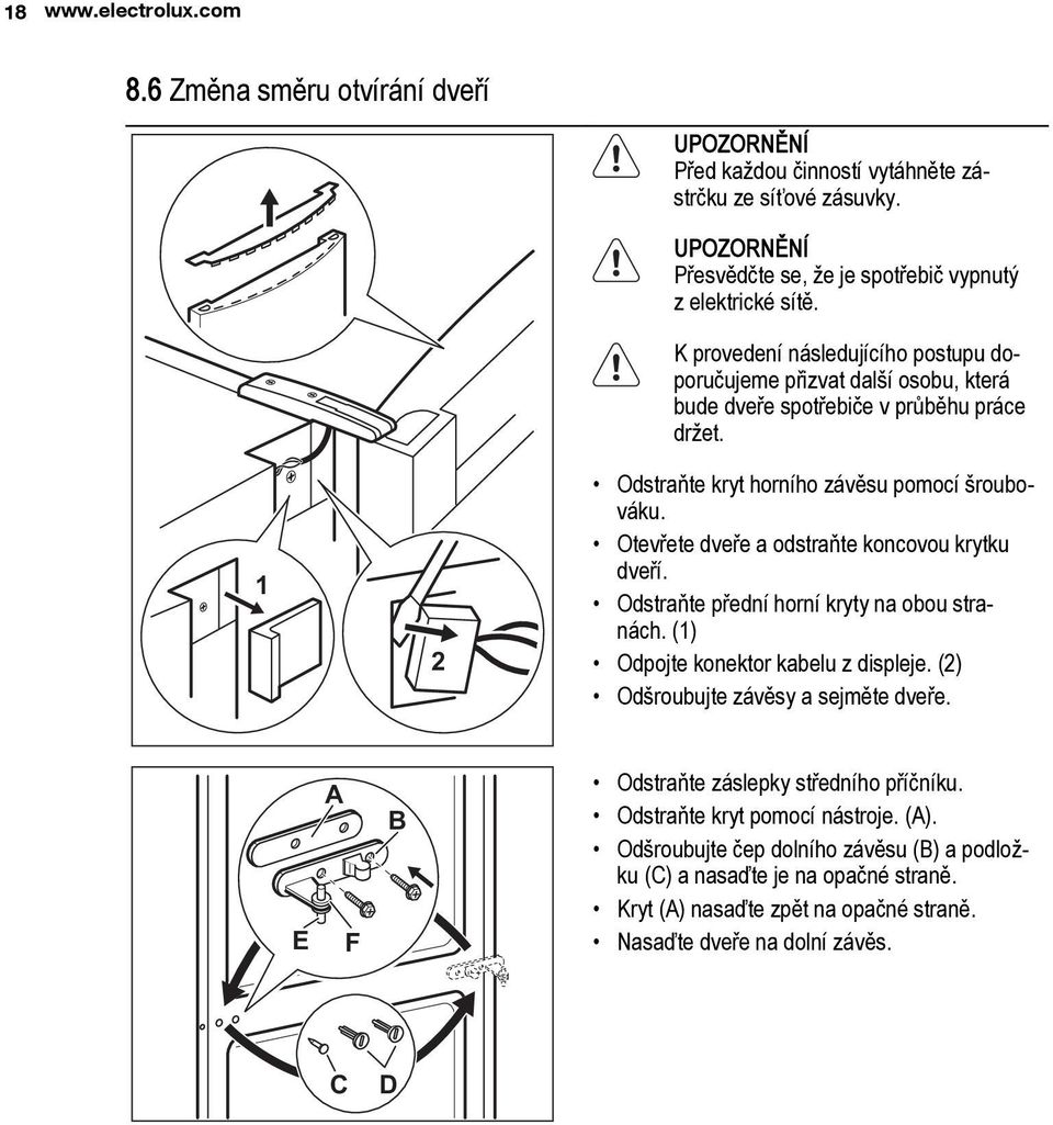 Otevřete dveře a odstraňte koncovou krytku dveří. Odstraňte přední horní kryty na obou stranách. (1) Odpojte konektor kabelu z displeje. (2) Odšroubujte závěsy a sejměte dveře.