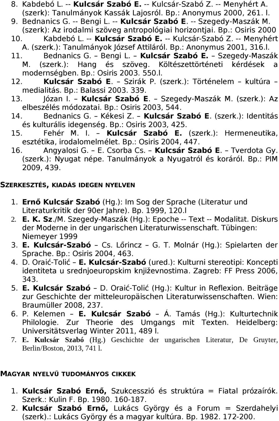 l. 11. Bednanics G. Bengi L. Kulcsár Szabó E. Szegedy-Maszák M. (szerk.): Hang és szöveg. Költészettörténeti kérdések a modernségben. Bp.: Osiris 2003. 550.l. 12. Kulcsár Szabó E. Szirák P. (szerk.): Történelem kultúra medialitás.