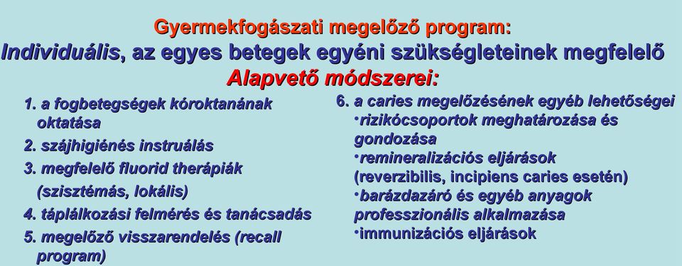 táplálkozási felmérés és tanácsadás 5. megelőző visszarendelés (recall program) 6.