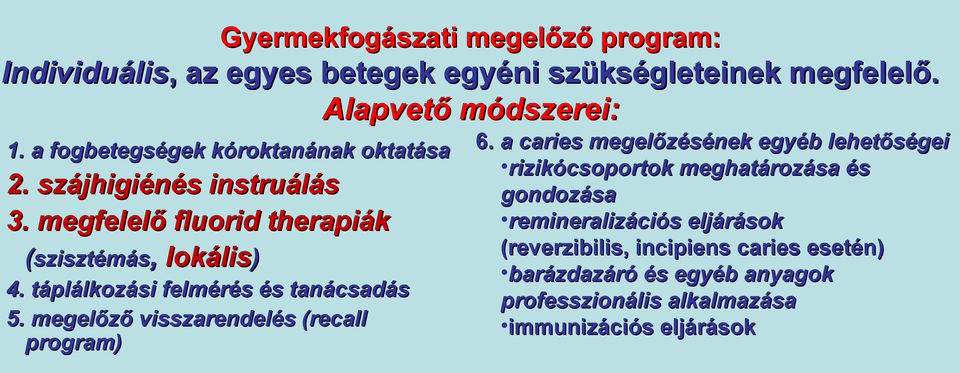 táplálkozási felmérés és tanácsadás 5. megelőző visszarendelés (recall program) 6.