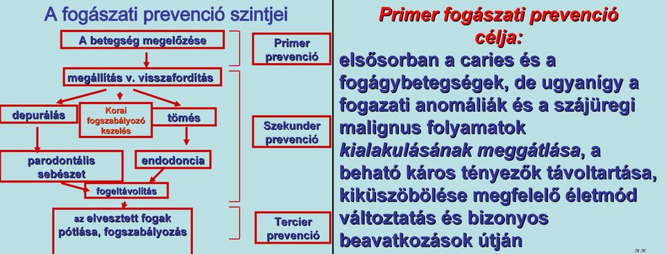 fogak pótlása, fogszabályozás Tercier prevenció Primer fogászati prevenció célja: elsősorban a caries és a fogágybetegségek, de ugyanígy a