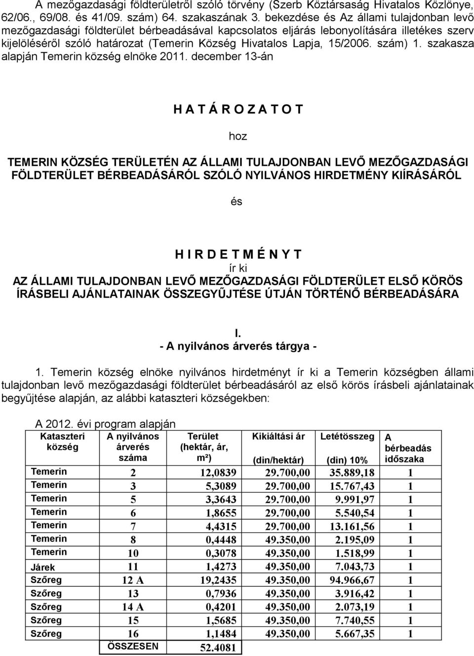 15/2006. szám) 1. szakasza alapján Temerin község elnöke 2011.