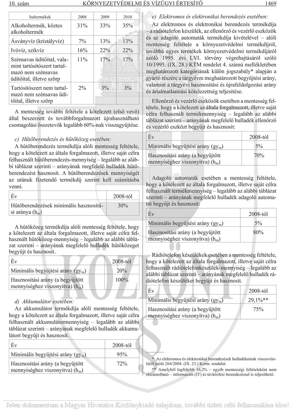 feltétele a kötelezett (elsõ vevõ) által beszerzett és továbbforgalmazott újrahasználható csomagolási összetevõk legalább 60%-nak visszagyûjtése.