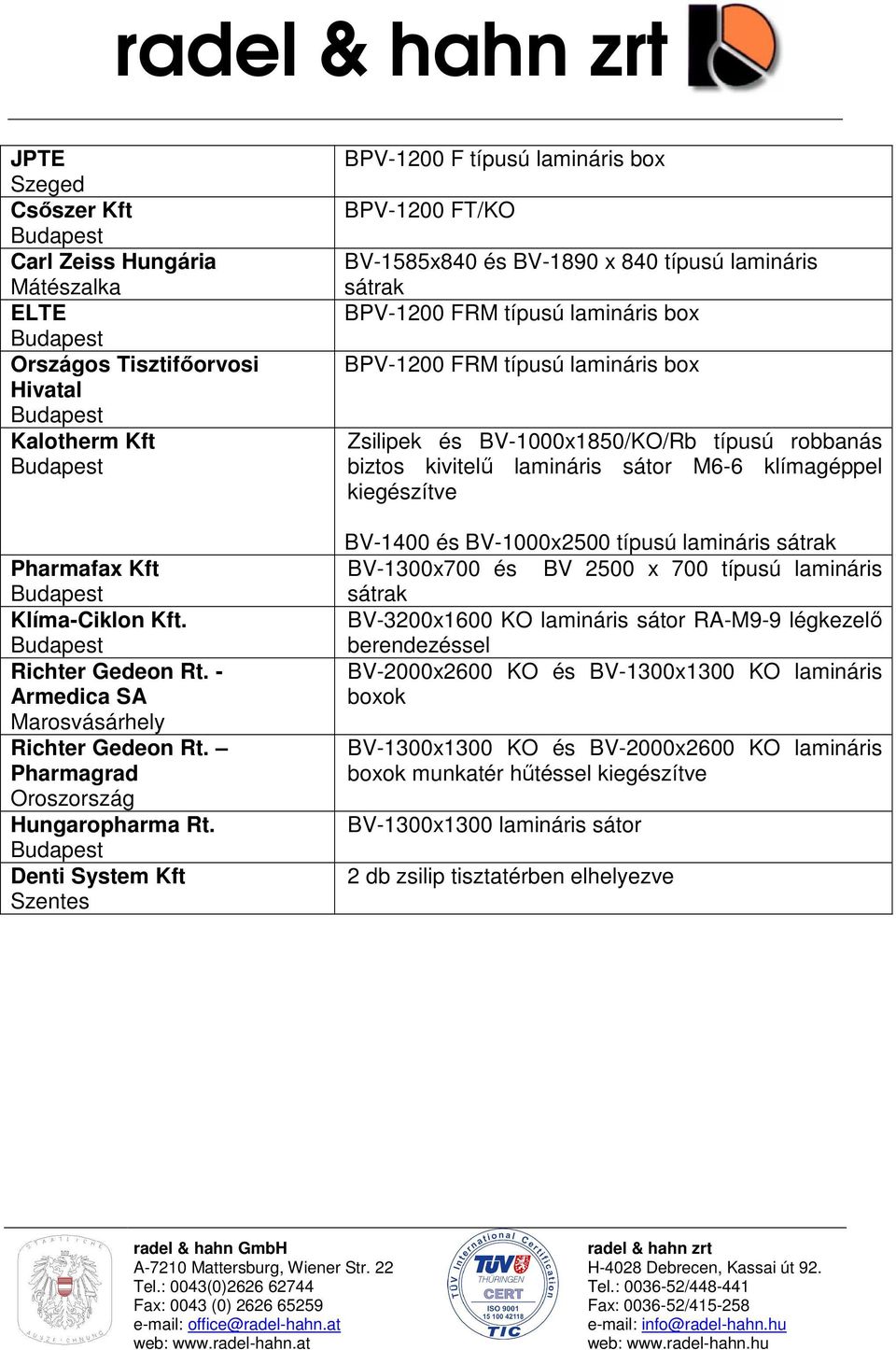 Zsilipek és BV-1000x1850/KO/Rb típusú robbanás biztos kivitelű lamináris sátor M6-6 klímagéppel kiegészítve BV-1400 és BV-1000x2500 típusú lamináris sátrak BV-1300x700 és BV 2500 x 700 típusú