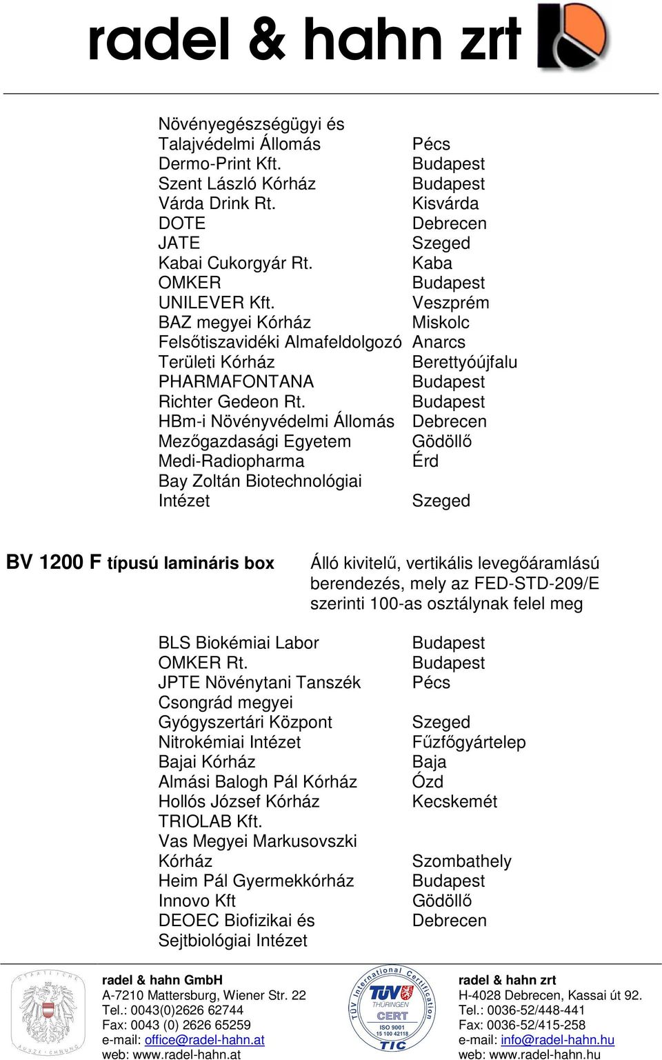 Zoltán Biotechnológiai Intézet BV 1200 F típusú lamináris box Álló kivitelű, vertikális levegőáramlású berendezés, mely az FED-STD-209/E szerinti 100-as osztálynak felel meg BLS Biokémiai Labor OMKER