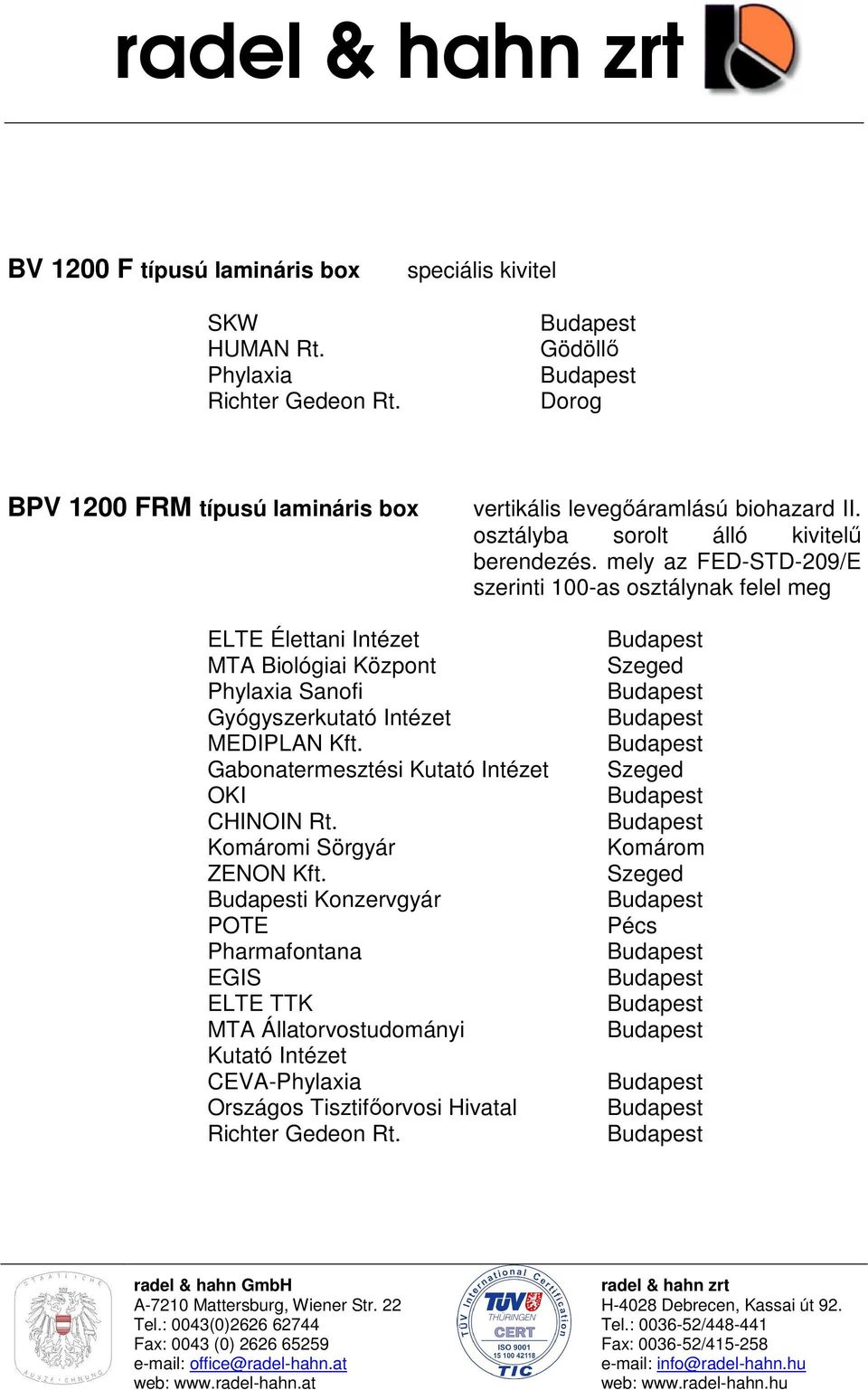 mely az FED-STD-209/E szerinti 100-as osztálynak felel meg ELTE Élettani Intézet MTA Biológiai Központ Phylaxia Sanofi Gyógyszerkutató Intézet