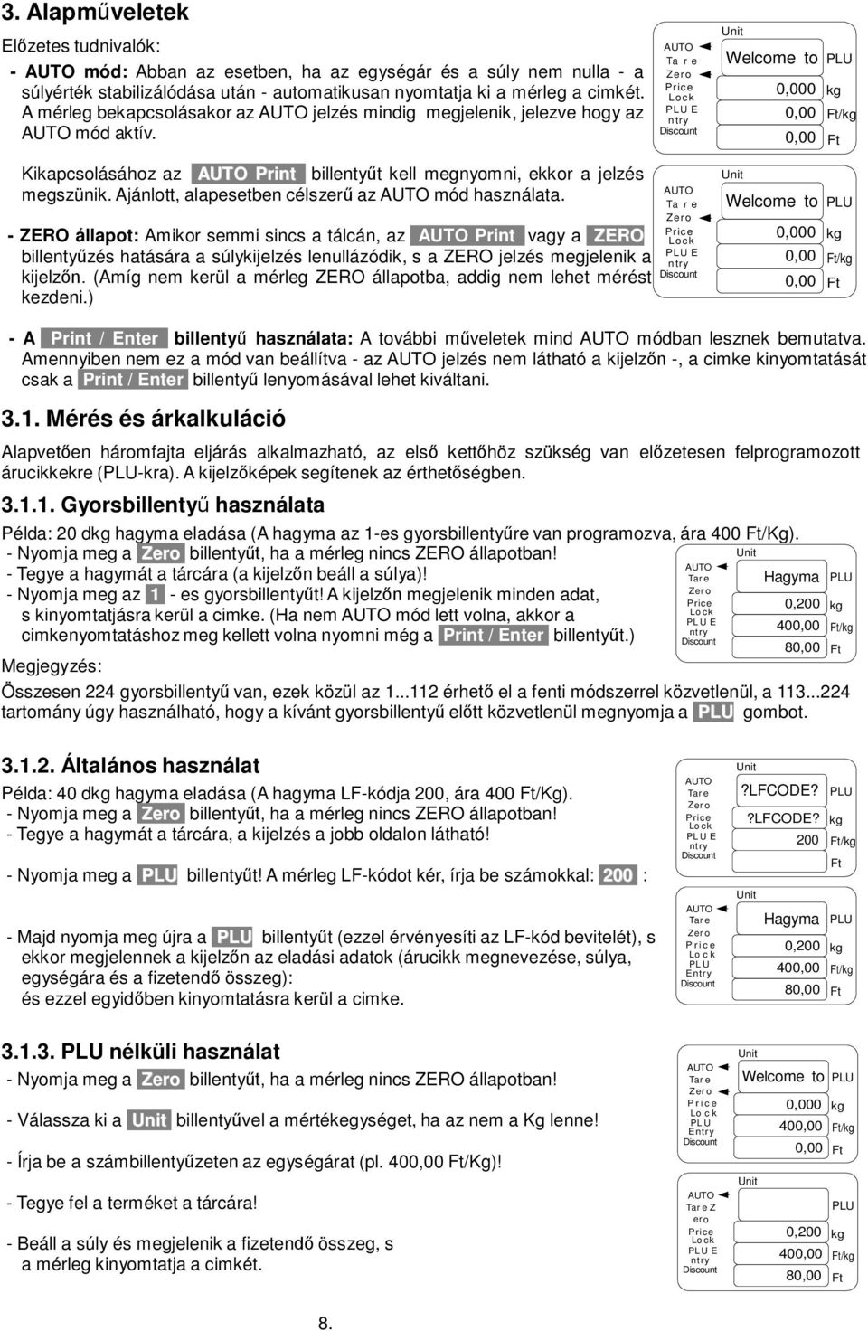 Ta r e Z e r o L o c k P L U E n t r y Welcome to PLU 0,000 kg 0,00 Ft/kg 0,00 Ft Kikapcsolásához az Print billentyűt kell megnyomni, ekkor a jelzés megszünik.