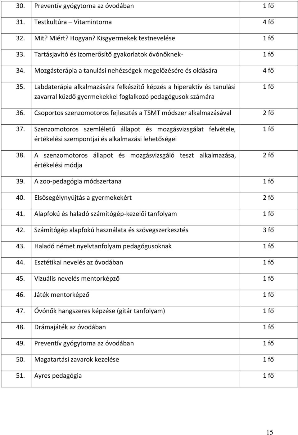 Labdaterápia alkalmazására felkészítő képzés a hiperaktív és tanulási zavarral küzdő gyermekekkel foglalkozó pedagógusok számára 1 fő 36.