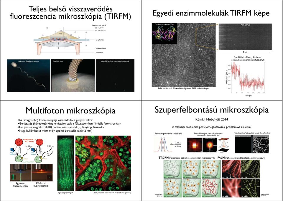 ) 50 μm PGK molekulák Alexa488-cal jelölve, TIRF mikroszkópia Idő (s) Multifoton mikroszkópia Két (vagy több) foton energiája összeadódik a gerjesztéskor Gerjesztés (következésképp emisszió) csak a