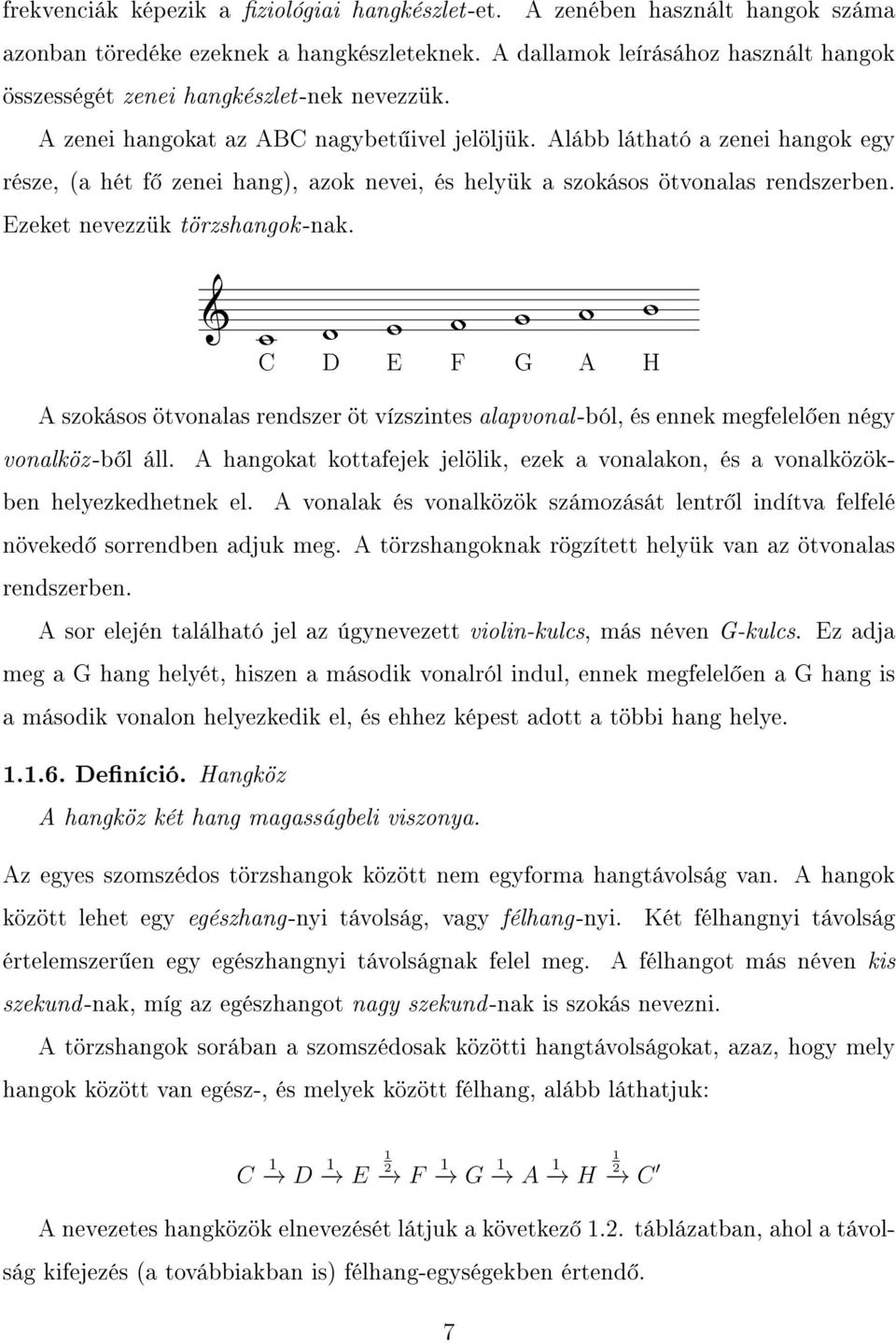 Alább látható a zenei hangok egy része, (a hét f zenei hang), azok nevei, és helyük a szokásos ötvonalas rendszerben. Ezeket nevezzük törzshangok -nak.