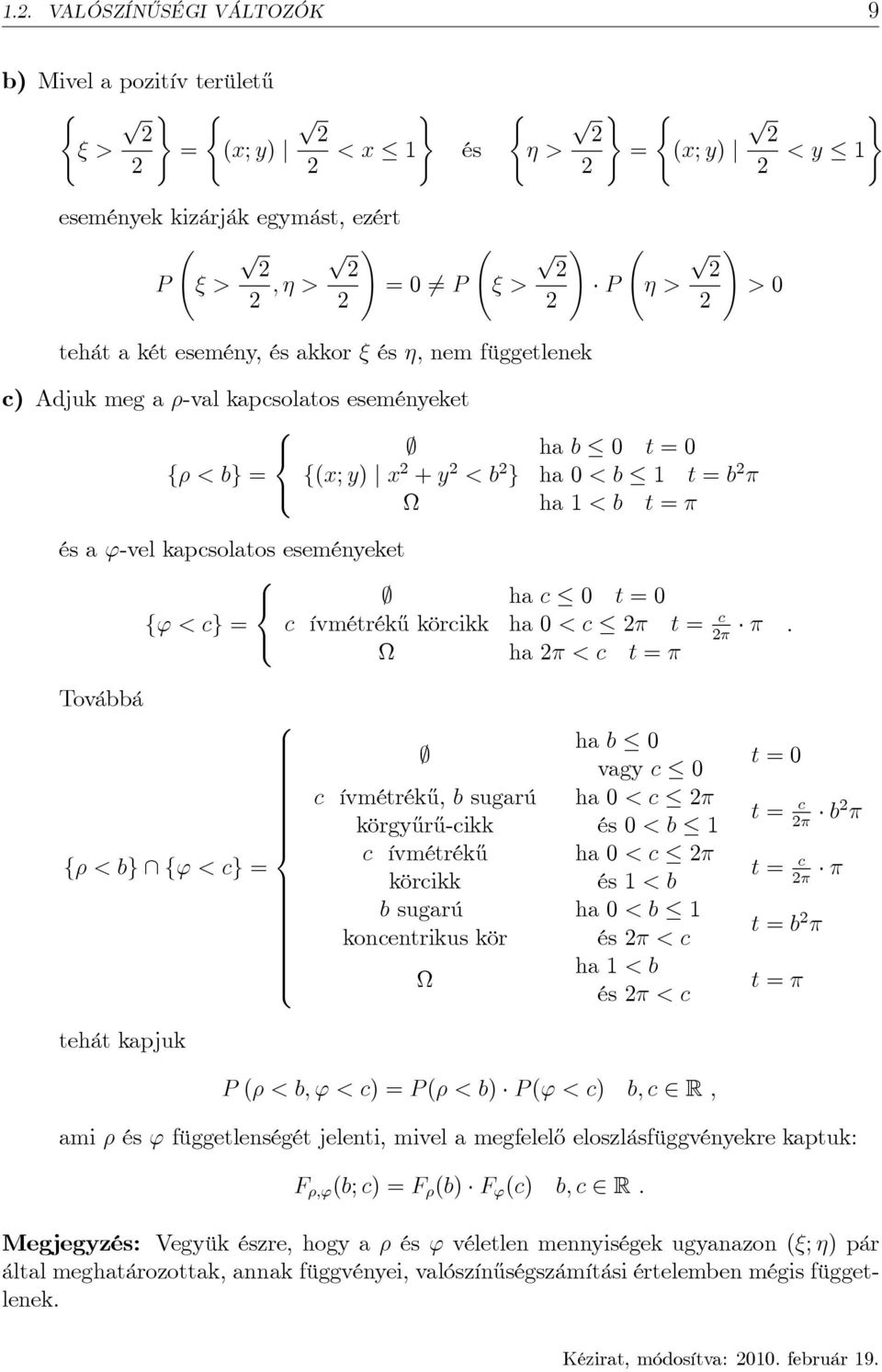 P >! > tehát a két eseméy, és akkor és ; em függetleek c) Adjuk meg a -val kacsolatos eseméyeket 8 < ; ha b t f < bg f(x; y) j x + y < b g ha < b t b : ha < b t és a '-vel kacsolatos eseméyeket 8 < ;