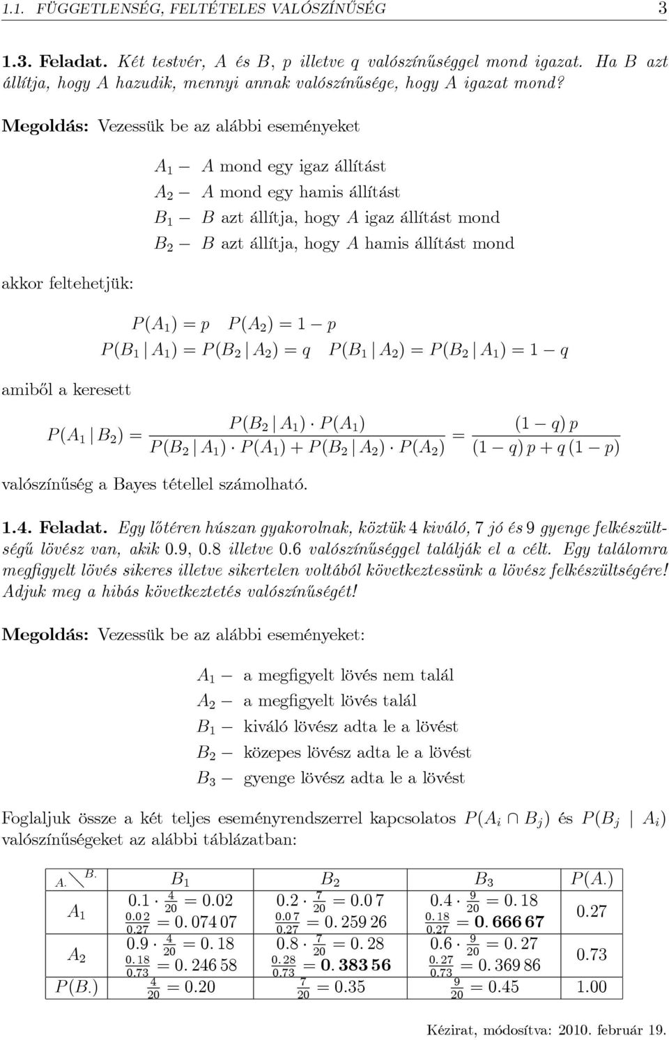 amib½ol a keresett P (A j B ) P (A ) P (A ) P (B j A ) P (B j A ) q P (B j A ) P (B j A ) q P (B j A ) P (A ) P (B j A ) P (A ) + P (B j A ) P (A ) ( q) ( q) + q ( ) valószí½uség a Bayes tétellel