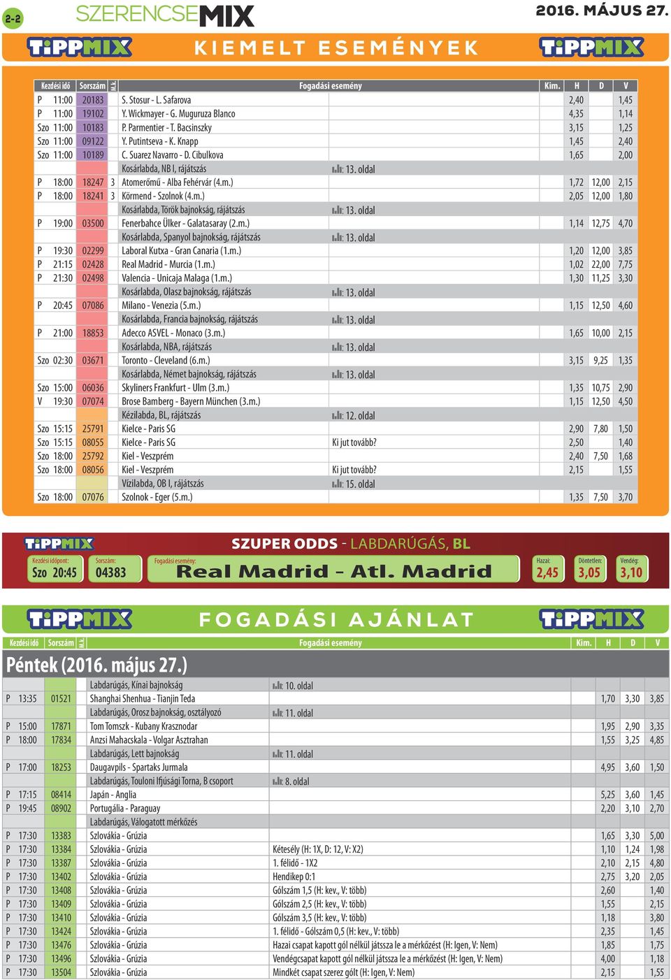 oldal P : Fenerbahce Ülker - Galatasaray (.m.),,, Kosárlabda, Spanyol bajnokság, rájátszás :. oldal P : Laboral Kutxa - Gran Canaria (.m.),,, P : Real Madrid - Murcia (.m.),,, P : Valencia - Unicaja Malaga (.