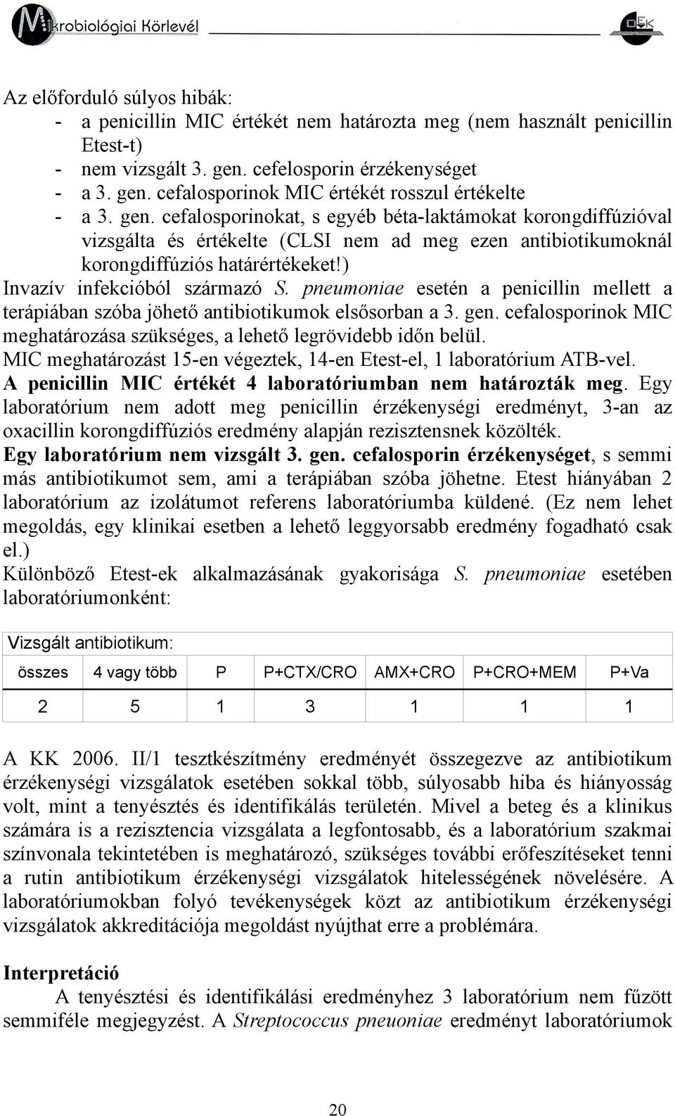 pneumoniae esetén a penicillin mellett a terápiában szóba jöhető antibiotikumok elsősorban a 3. gen. cefalosporinok MIC meghatározása szükséges, a lehető legrövidebb időn belül.