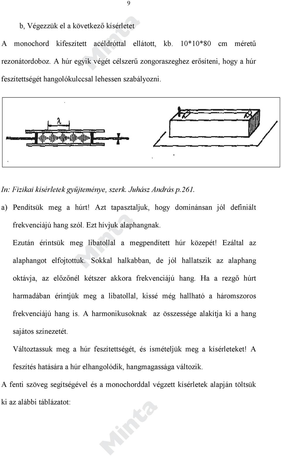 a) Pendítsük meg a húrt! Azt tapasztaljuk, hogy dominánsan jól definiált frekvenciájú hang szól. Ezt hívjuk alaphangnak. Ezután érintsük meg libatollal a megpendített húr közepét!