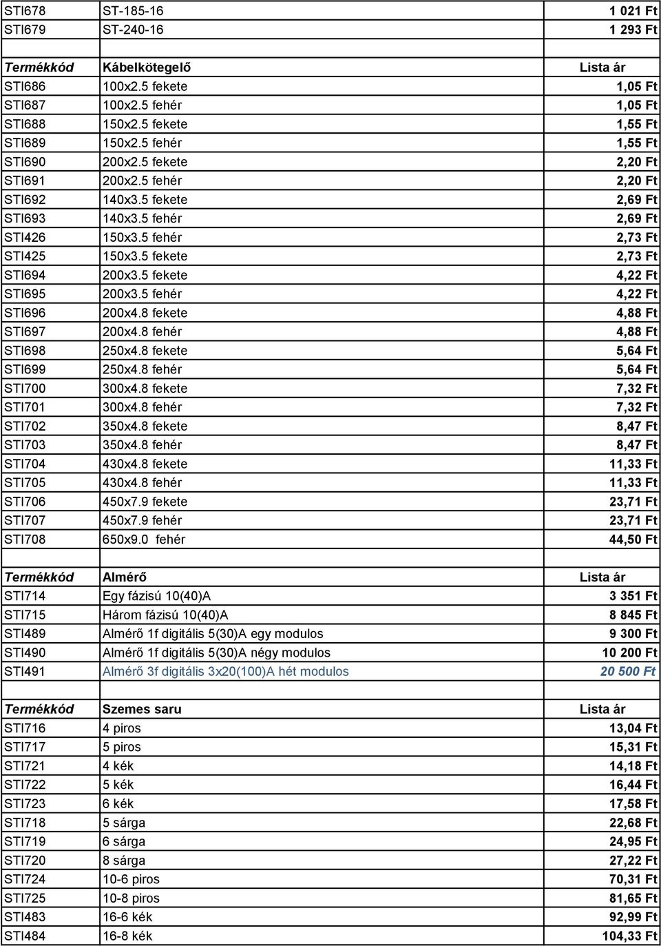 5 fekete 2,73 Ft STI694 200x3.5 fekete 4,22 Ft STI695 200x3.5 fehér 4,22 Ft STI696 200x4.8 fekete 4,88 Ft STI697 200x4.8 fehér 4,88 Ft STI698 250x4.8 fekete 5,64 Ft STI699 250x4.