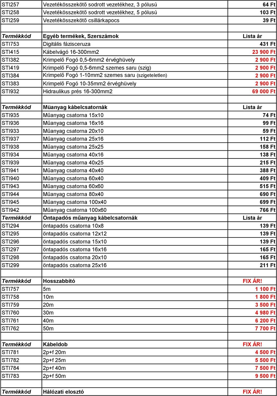 Krimpelő Fogó 1-10mm2 szemes saru (szigeteletlen) 2 900 Ft STI383 Krimpelő Fogó 10-35mm2 érvéghüvely 2 900 Ft STI932 Hidraulikus prés 16-300mm2 69 000 Ft Termékkód Müanyag kábelcsatornák Lista ár