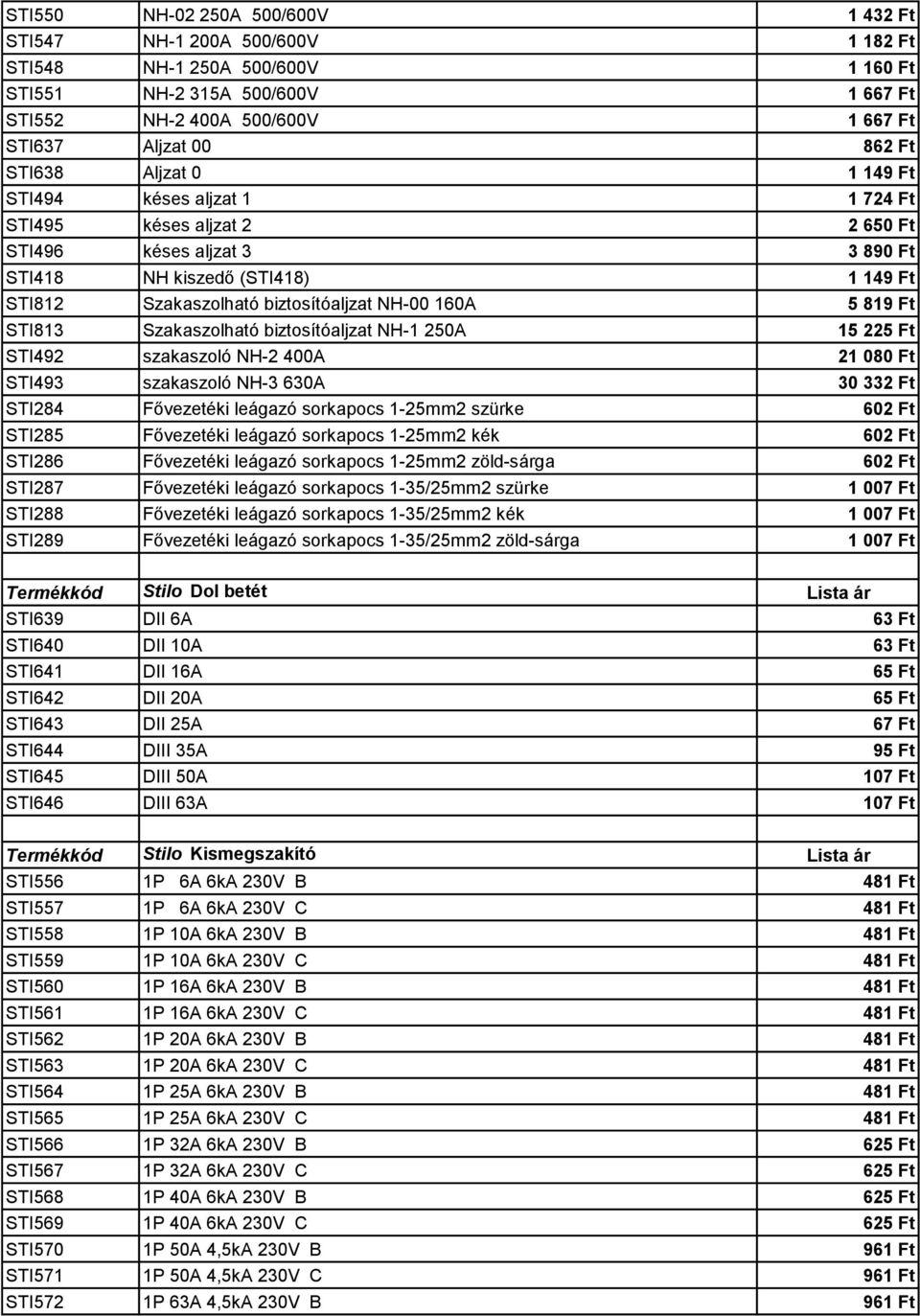 160A 5 819 Ft STI813 Szakaszolható biztosítóaljzat NH-1 250A 15 225 Ft STI492 szakaszoló NH-2 400A 21 080 Ft STI493 szakaszoló NH-3 630A 30 332 Ft STI284 Fővezetéki leágazó sorkapocs 1-25mm2 szürke