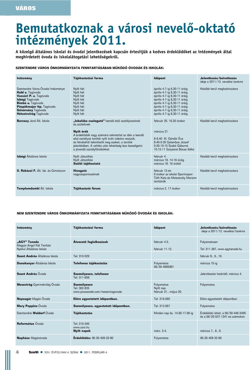 SZENTENDRE VÁROS ÖNKORMÁNYZATA FENNTARTÁSÁBAN MÛKÖDÕ ÓVODÁK ÉS ISKOLÁK: Intézmény Tájékoztatási forma Idõpont Jelentkezés/beiratkozás ideje a 2011/12.