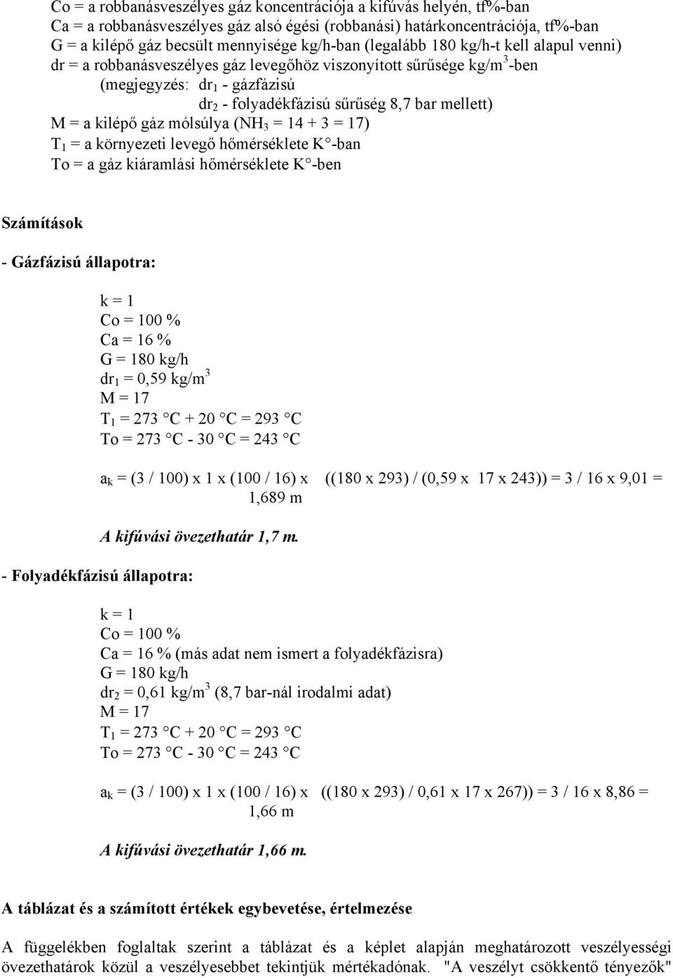 kilépő gáz mólsúlya (NH 3 = 14 + 3 = 17) T 1 = a környezeti levegő hőmérséklete K -ban To = a gáz kiáramlási hőmérséklete K -ben Számítások - Gázfázisú állapotra: k = 1 Co = 100 % Ca = 16 % G = 180